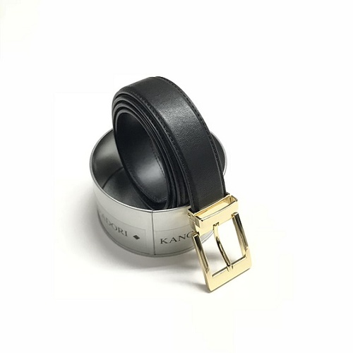 B9397 Mens Belt Black Kangaroo leather / Gold Square Buckle 