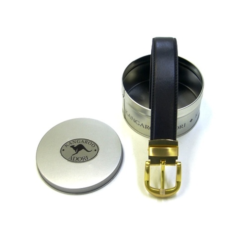 B9598 Mens Belt Black Kangaroo leather / Gold Round Buckle