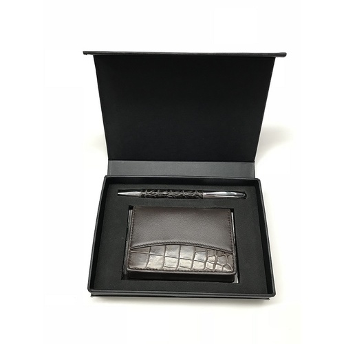 CR1 Card Holder & Pen Brown Crocodile / Cow leather Box colour Green