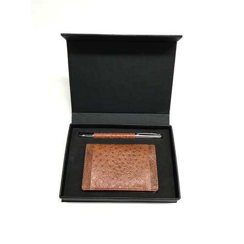 EW1 Card Holder & Pen Tan Emu / Kangaroo leather Box colour Green