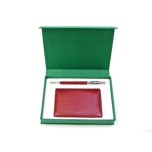 VW1 Card Holder&Pen Black Cow leather Box colour Green